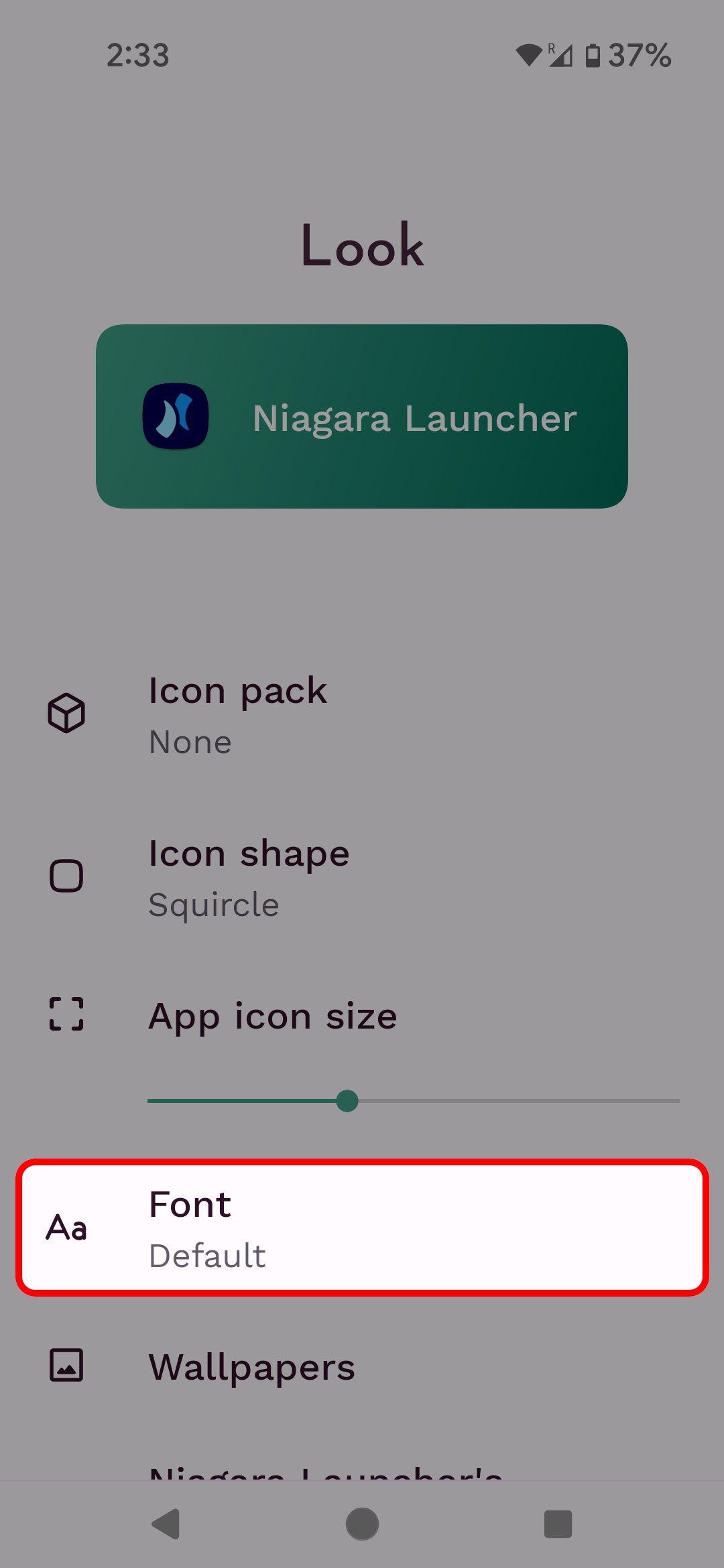 Niagara Launcher Look menu highlighting the Font option