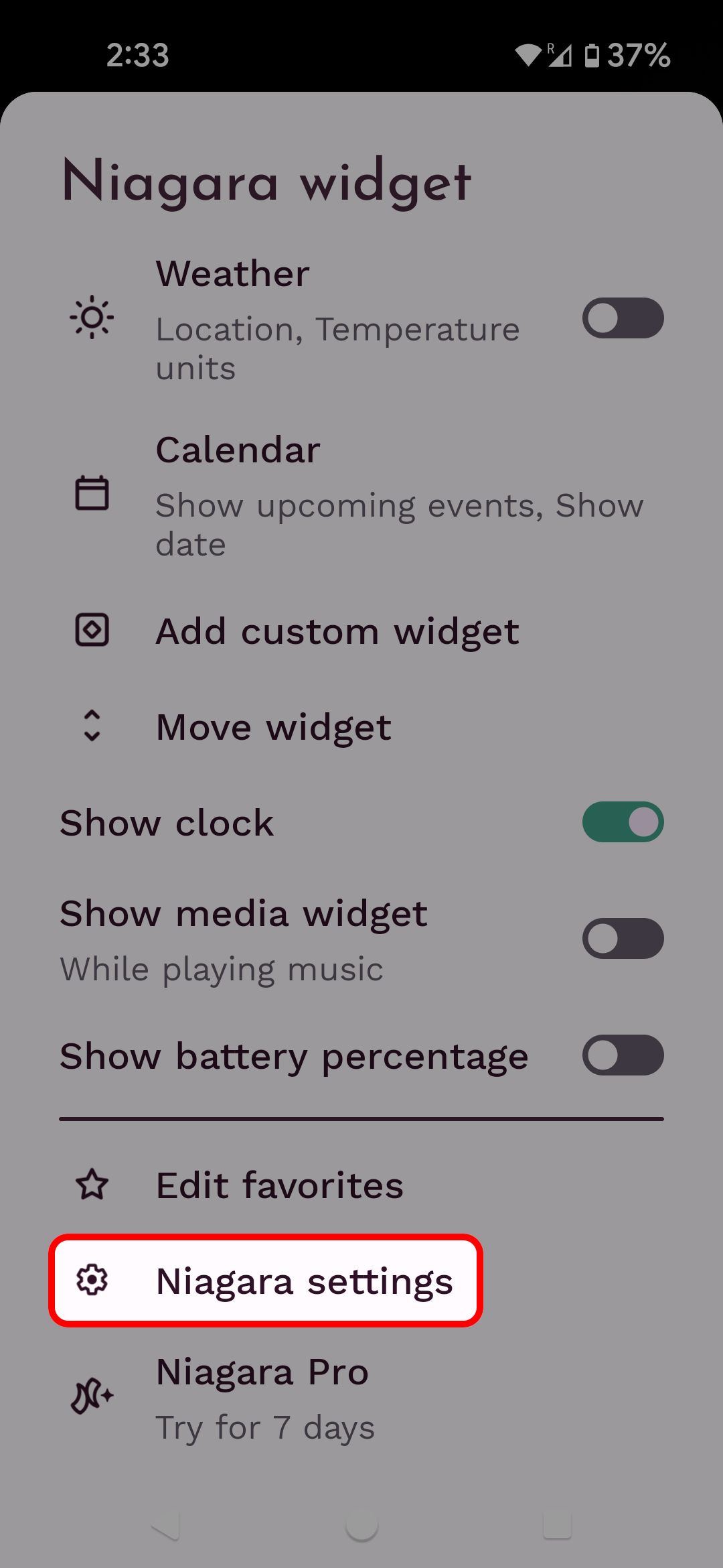 Niagara Launcher menu highlighting the Niagara settings option