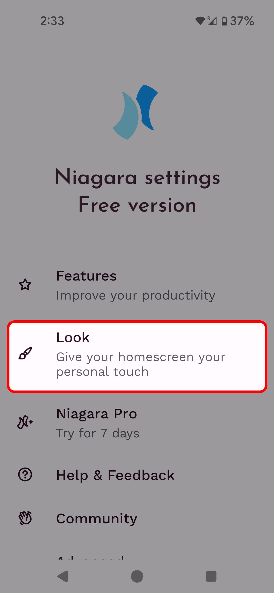 Niagara Launcher Settings menu highlighting the Look option