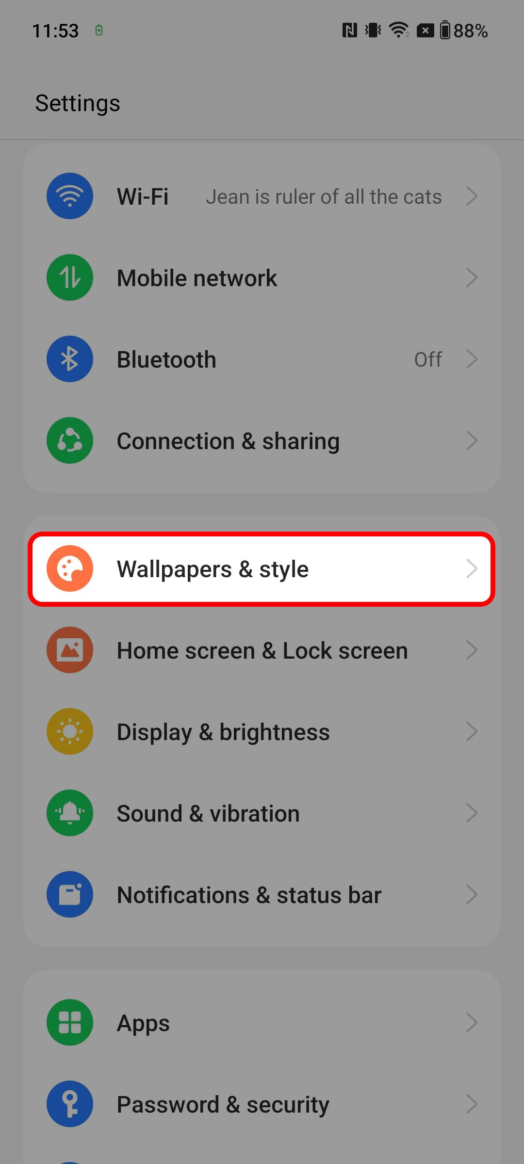 OnePlus Settings menu highlighting the Wallpapers & style menu