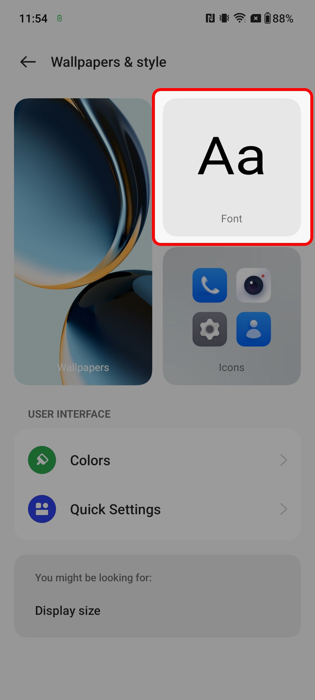 OnePlus Wallpapers & style menu highlighting the Font option