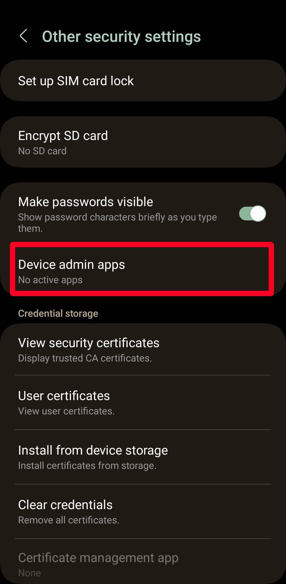 Other security settings menu on Android phone