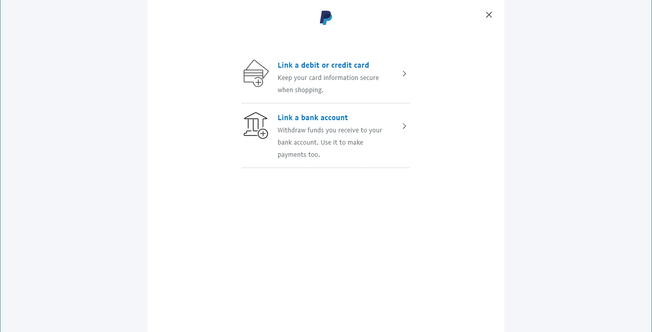 screenshot of paypal website showing options for linking card or bank account
