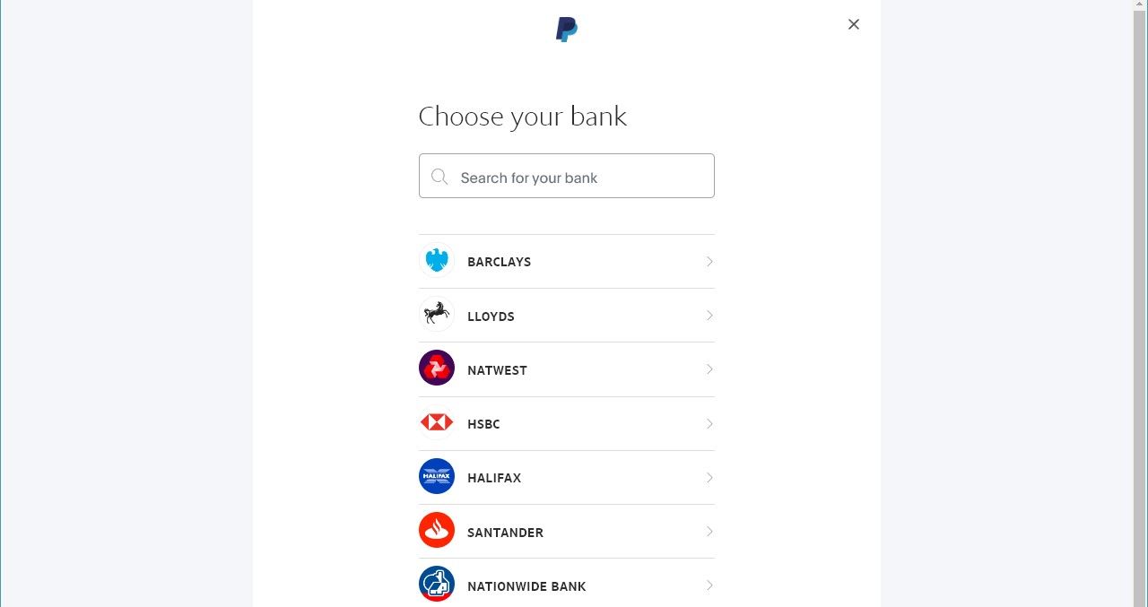 screenshot of paypal website showing list of banks