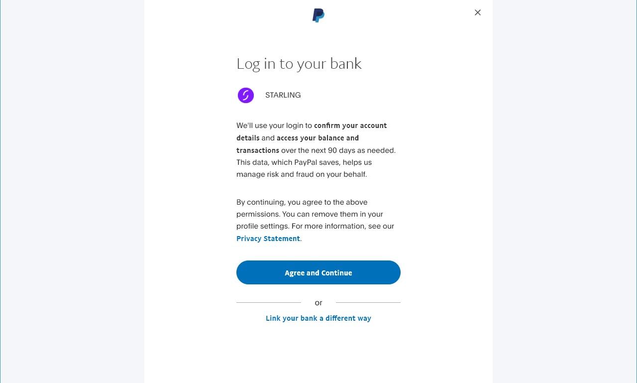 screenshot of paypal website asking for confirmation for linking a bank