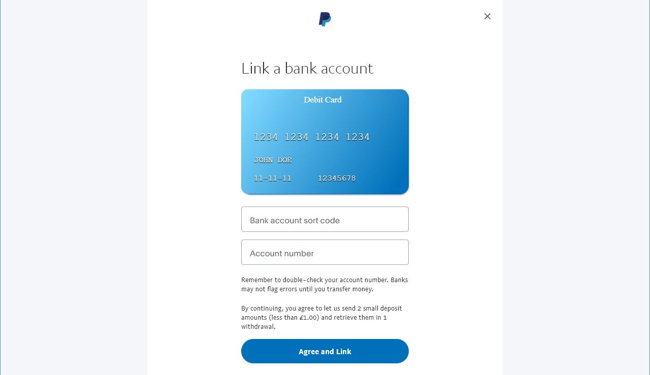 screenshot of paypal website showing fields for entering a bank account's sort code and account number