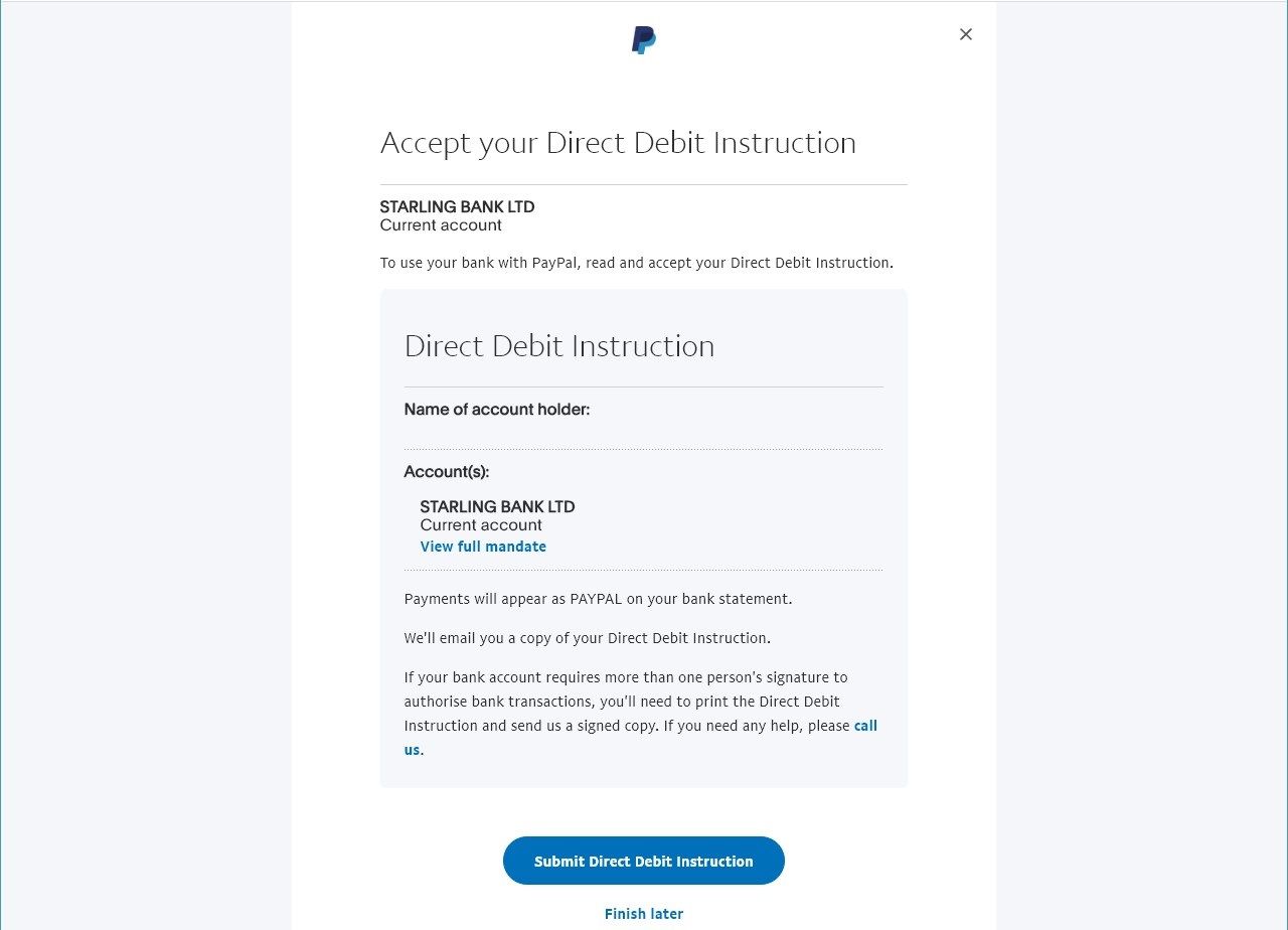 screenshot of paypal's direct debit instruction