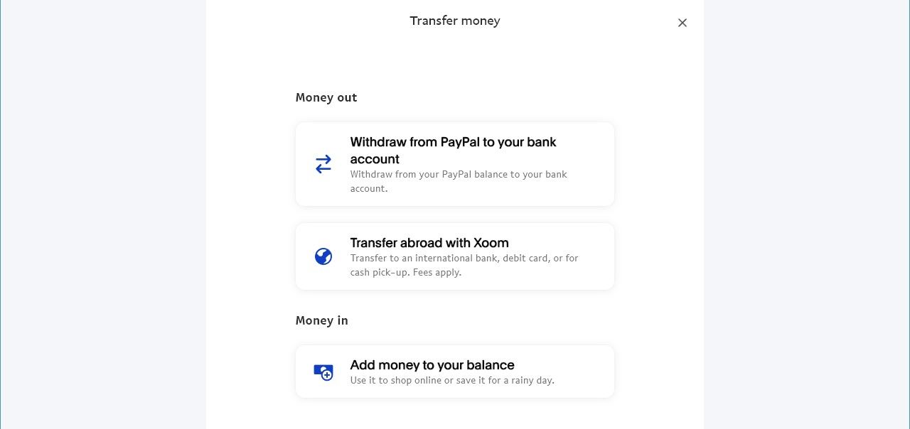 screenshot of paypal website showing withdrawal options