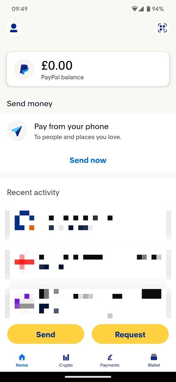 screenshot of the paypal app's home screen