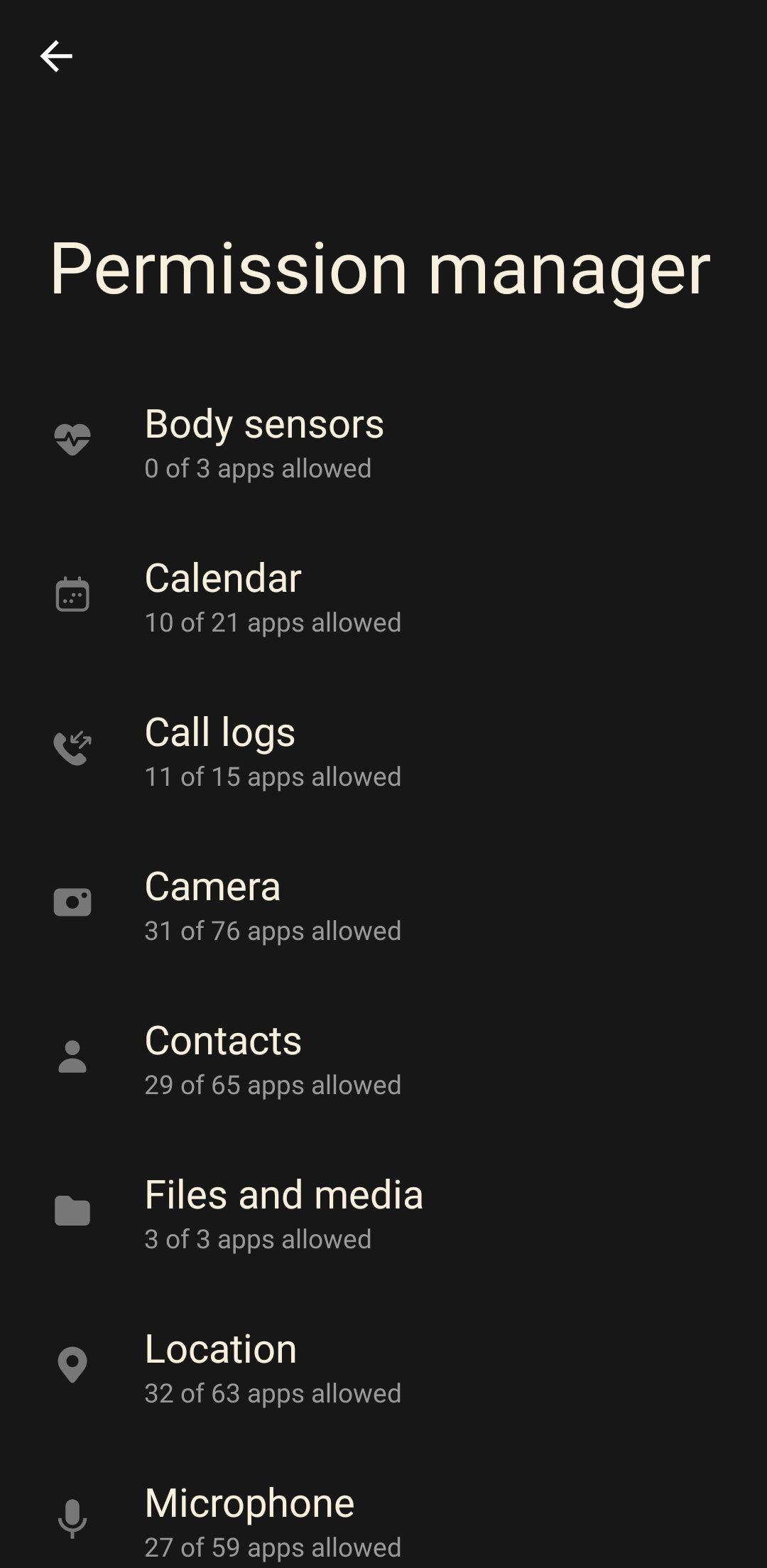 Permission manager menu on Android