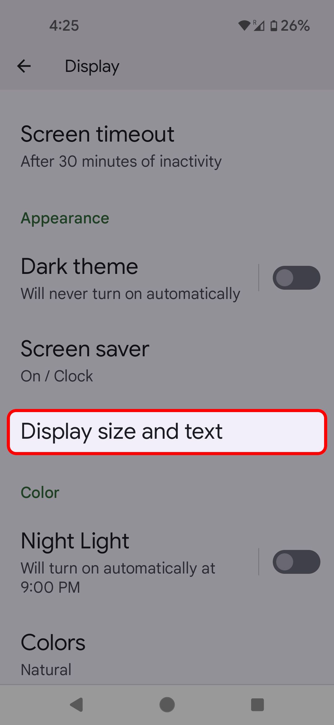 Pixel Display menu highlighting the Display size and text option