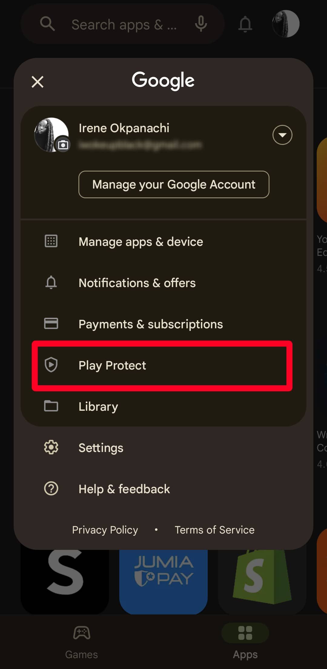 Play Protect option in Google Play Store menu