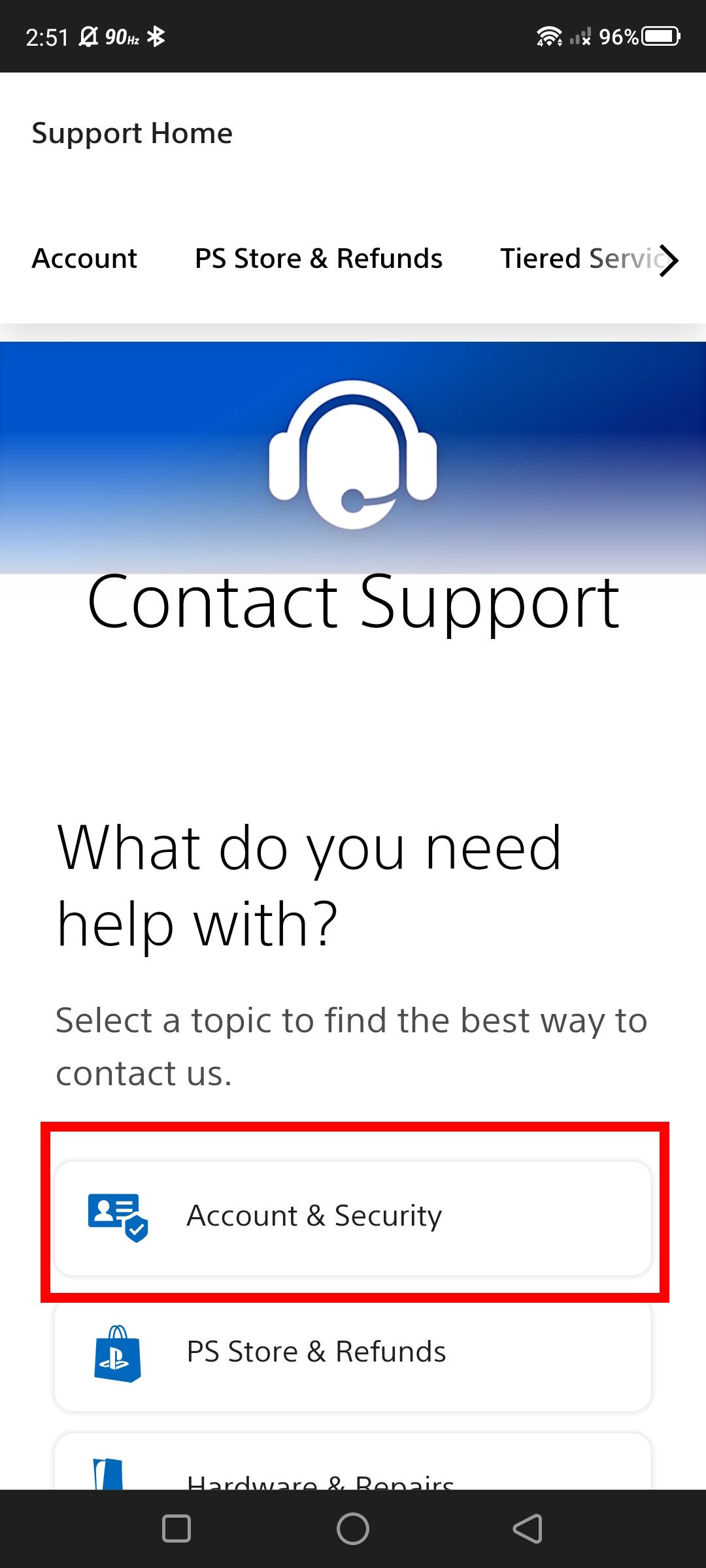 Red rectangle outline over Account & Security on the PlayStation Support page
