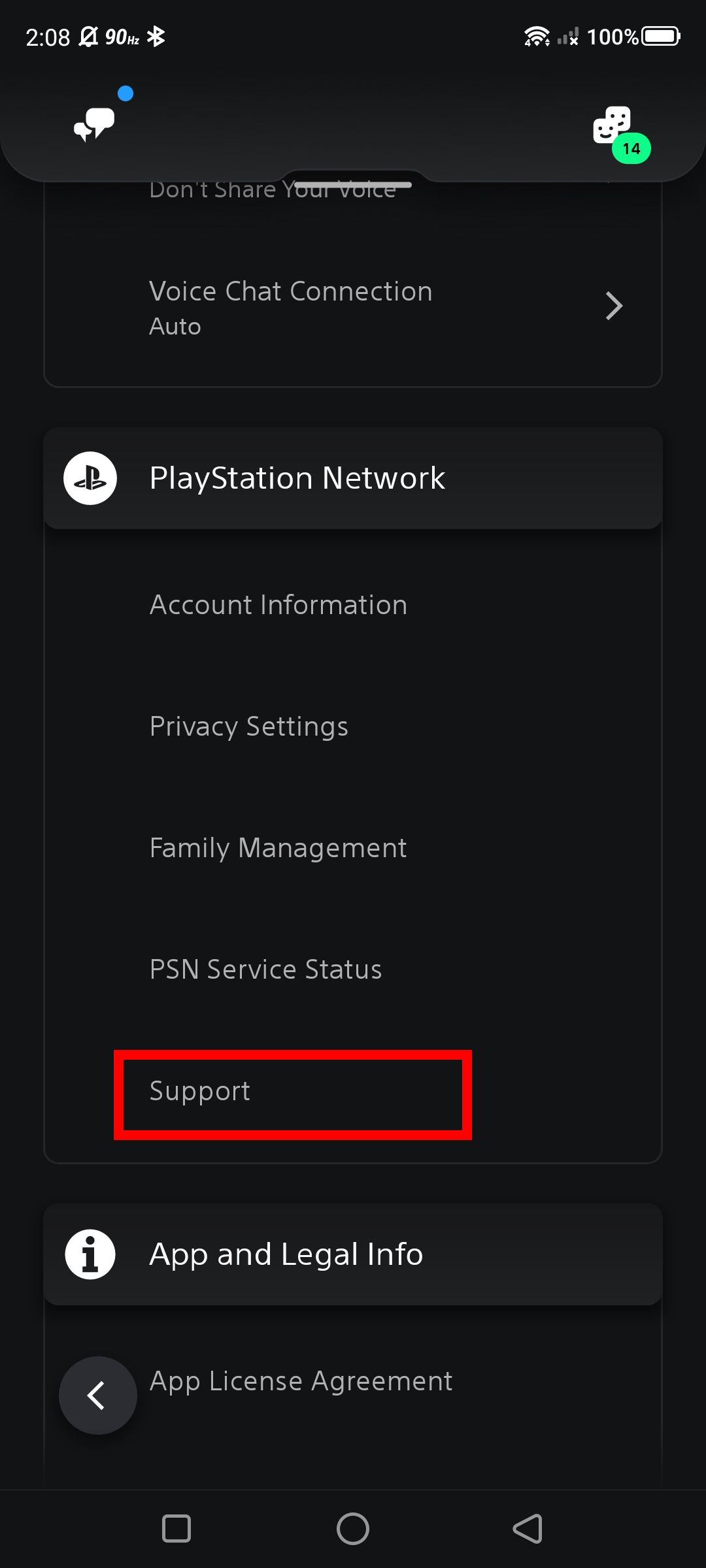Red rectangle outline over the Support option (settings) in the PlayStation app