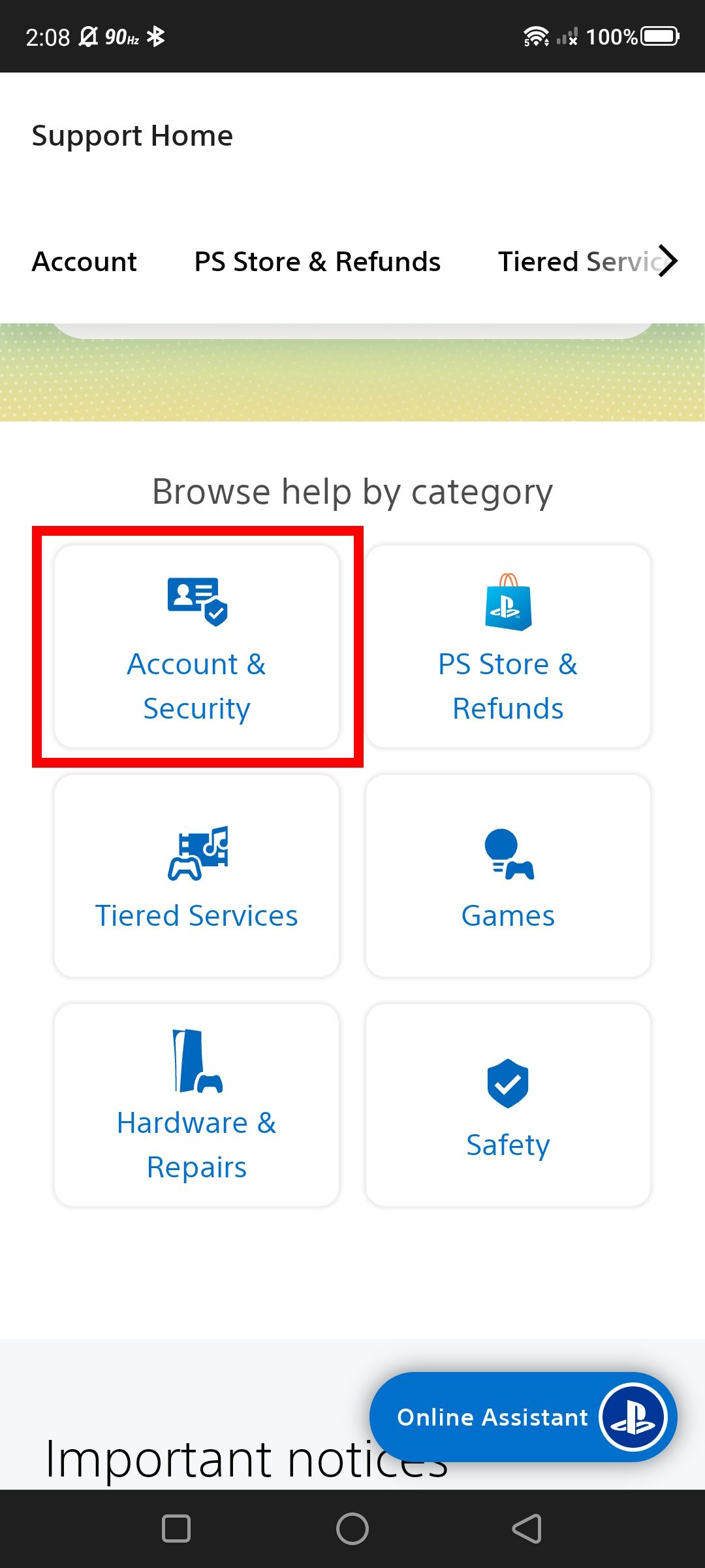 Red box outline over Account & Security on the PlayStation Support page