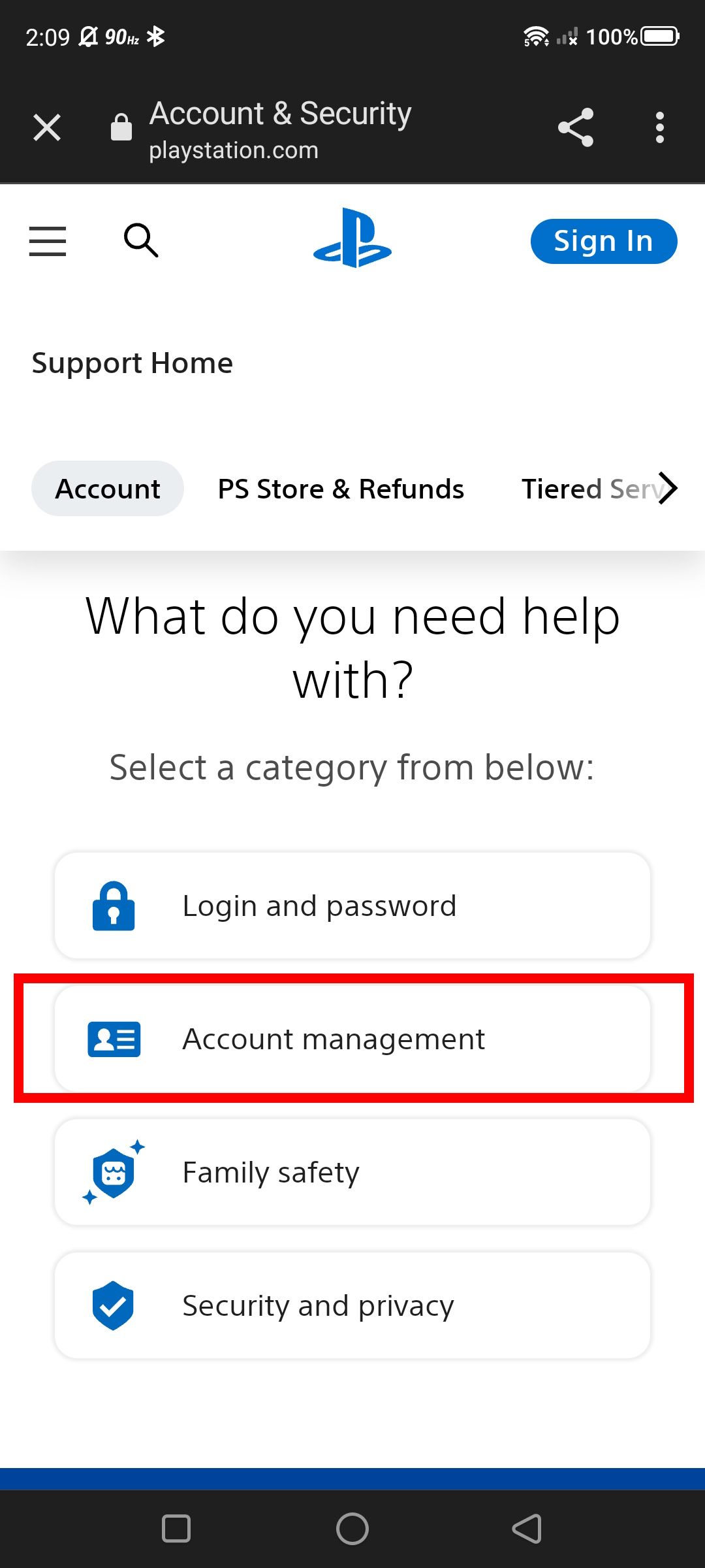 Red rectangle outline over Account management on the PlayStation Support page