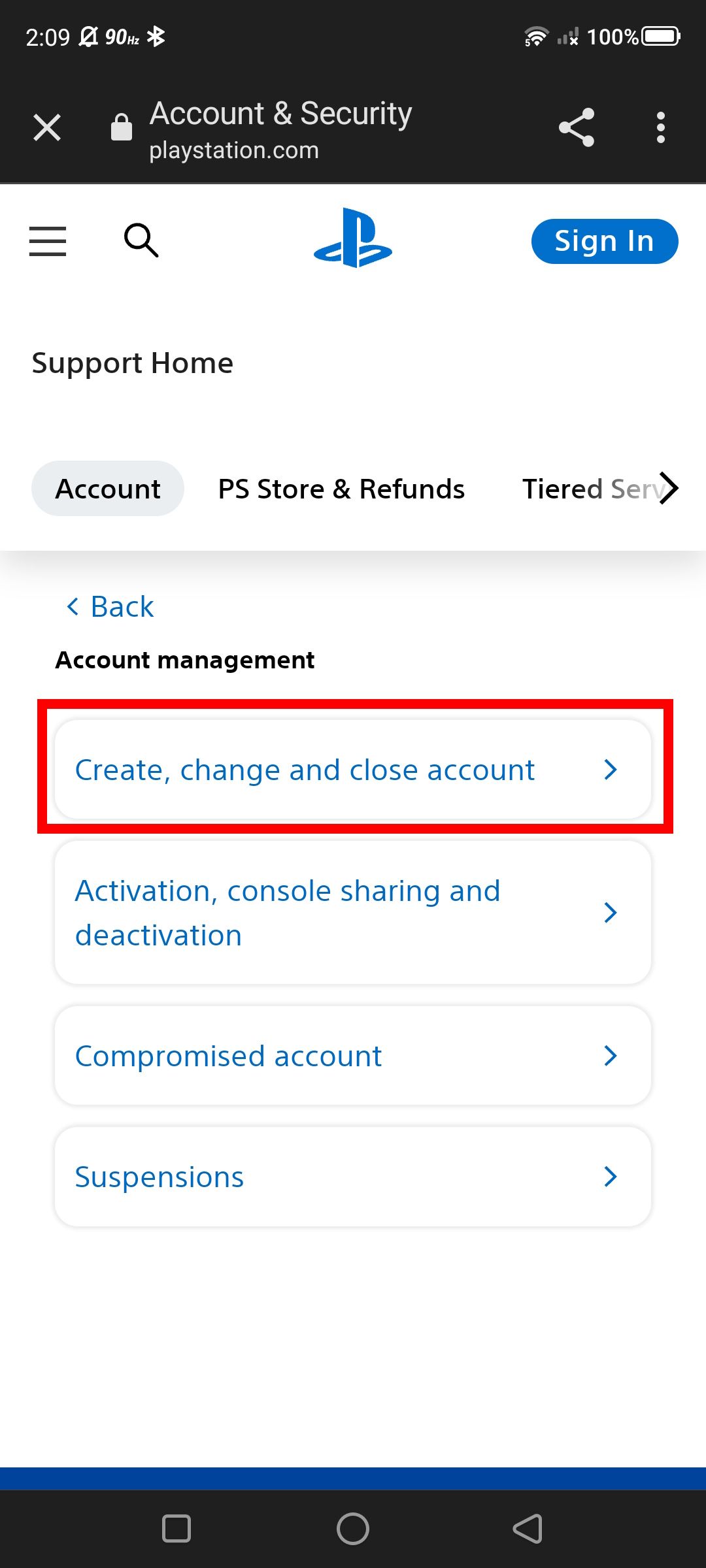 Red rectangle outline over Create, change and close account on the PlayStation Support page