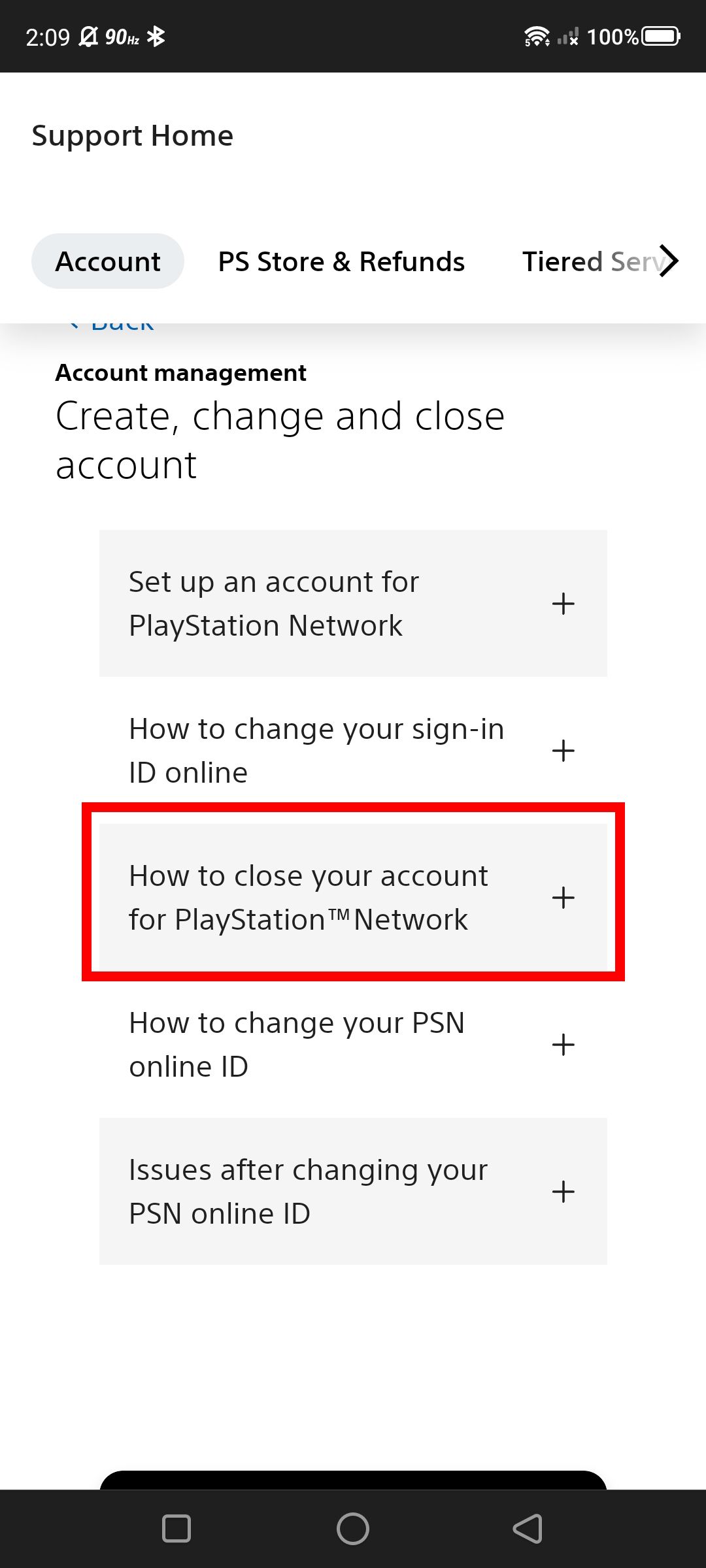 Red rectangle outline over How to close your account for PlayStation Network on the PlayStation Support page