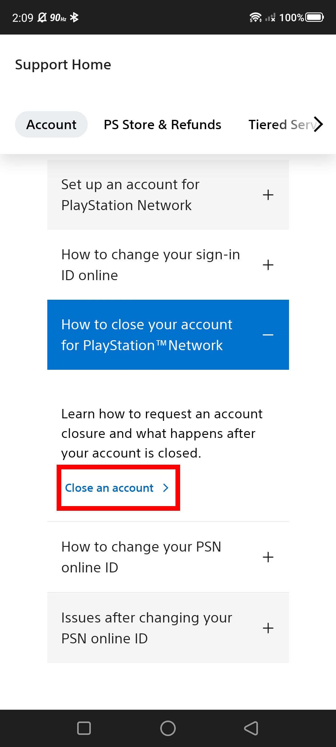 Red rectangle outline over Close an account on the PlayStation Support page