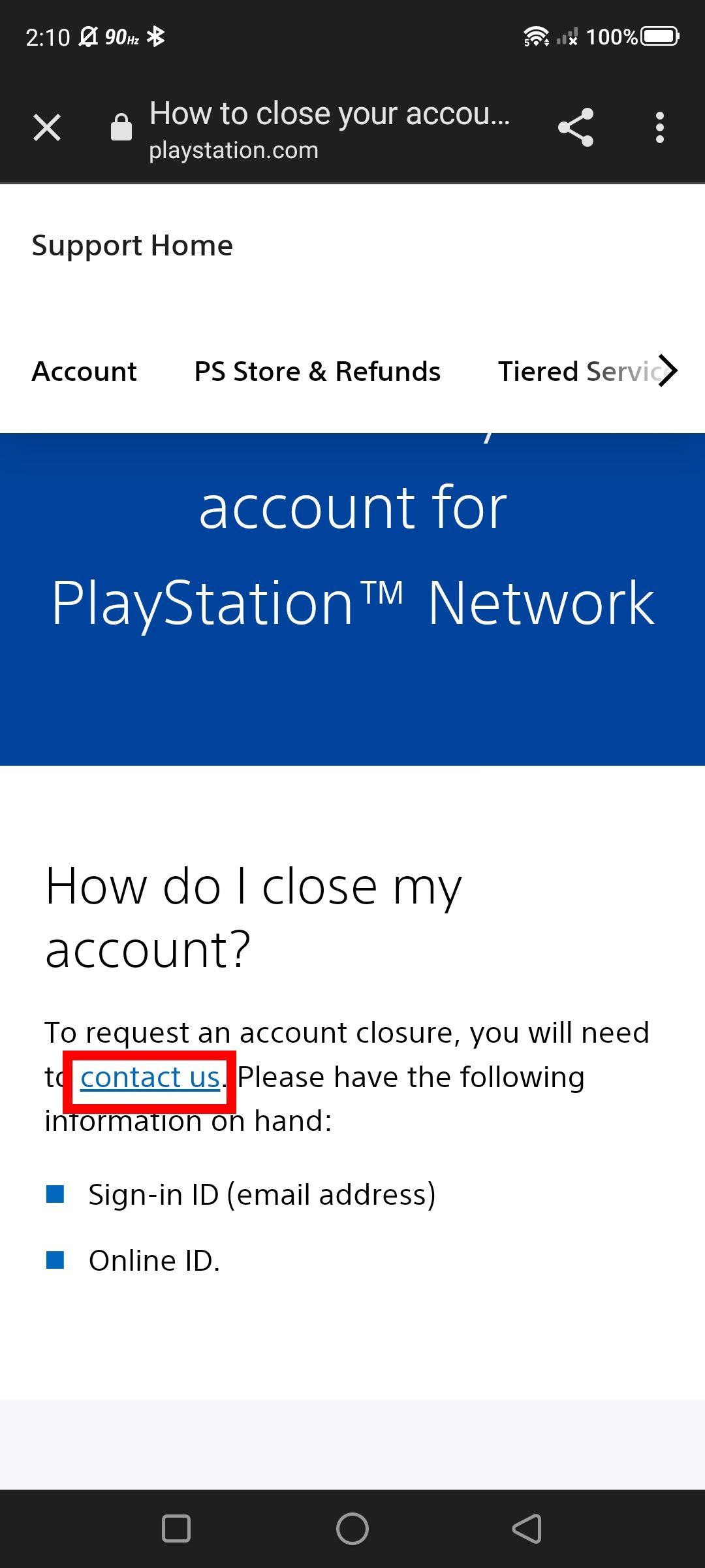 Red rectangle outline over the contact us hyperlink on the PlayStation Support page