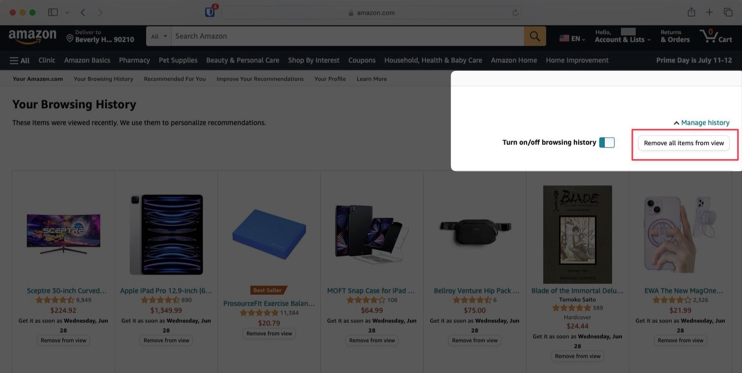 Amazon browsing history page screenshot showing Remove all items from view option