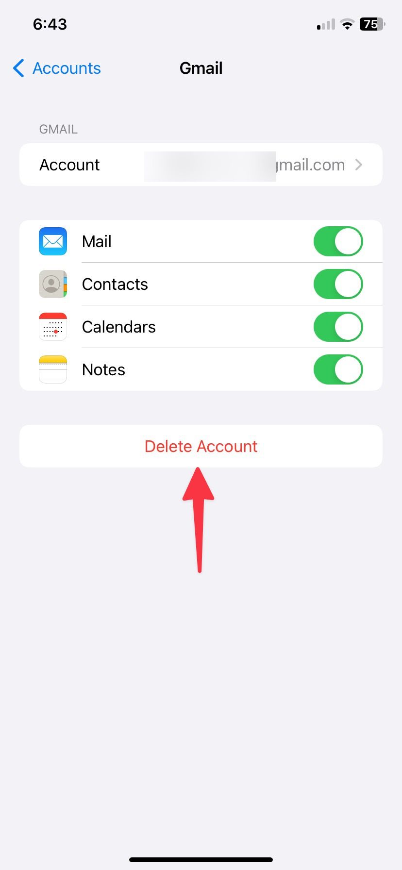 Tap Delete Account to remove a Gmail account from your iPhone
