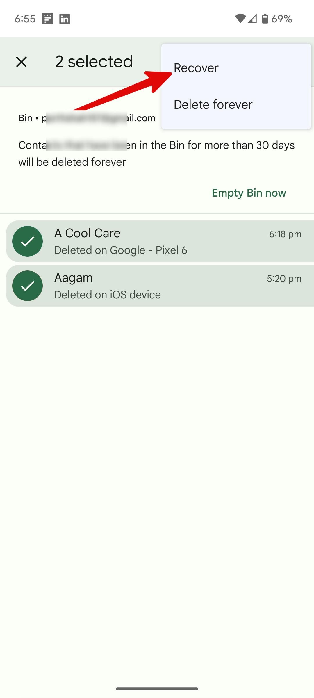 restore deleted contacts in Google