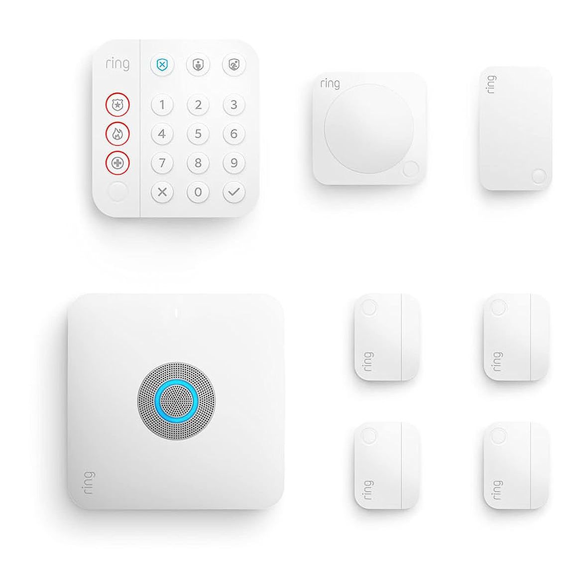 Ring Alarm 8-Piece Kit on a white background including Alarm Pro Base Station Keypad Door/Window Contact Sensors (x4) Motion Detector Alarm Range Extender