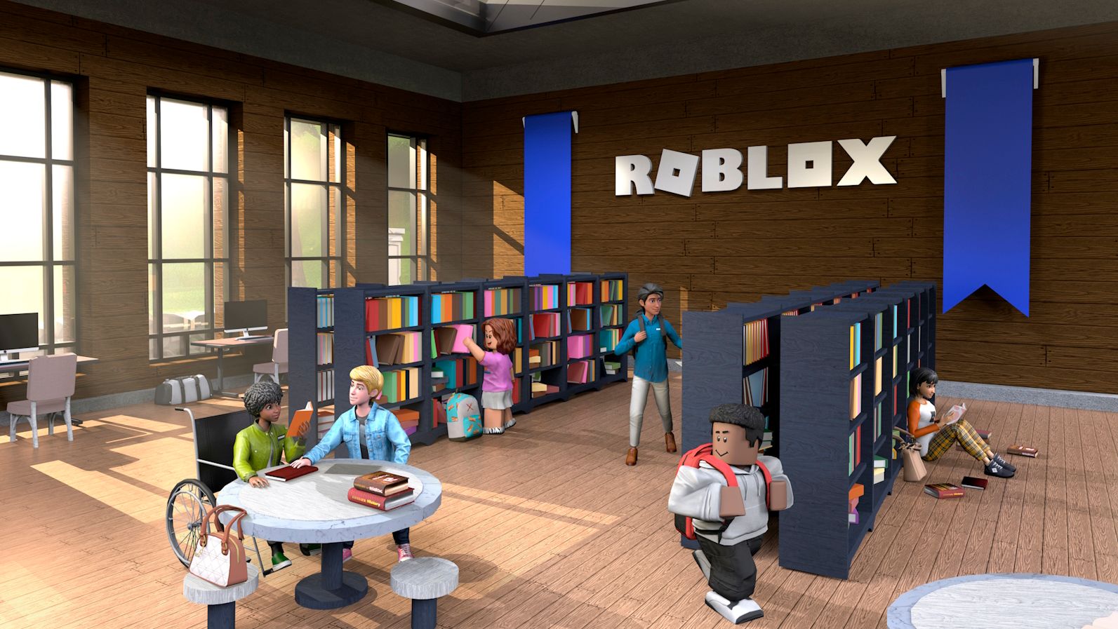Roblox logo in background of animated library
