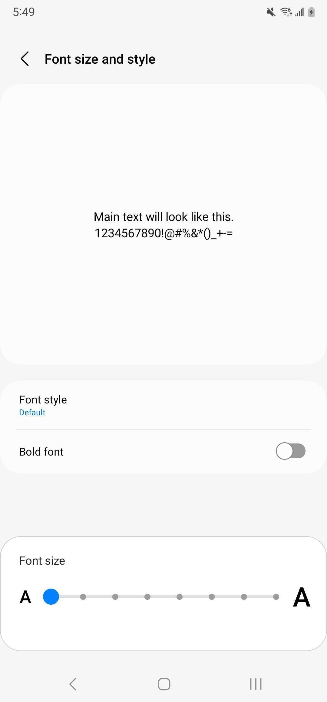 Samsung Font size and style menu