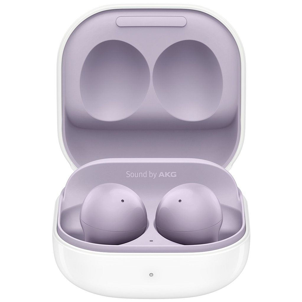 Samsung Galaxy Buds 2 in Lavender colorway, white background