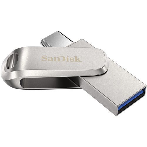 Silver, all-metal flash drive made by SanDisk with USB Type-C and USB Type-A ends