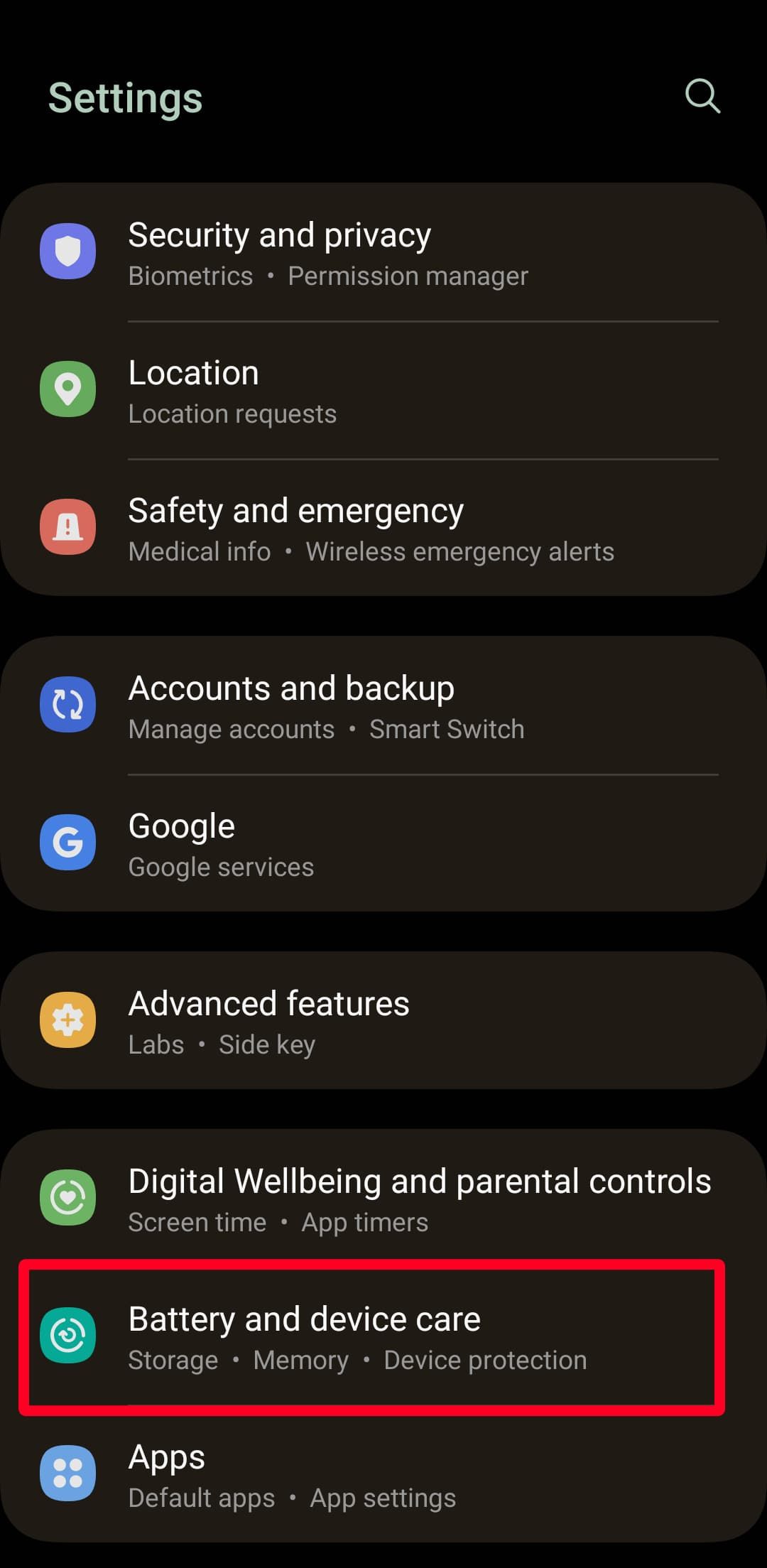 Settings menu on Samsung Android phone