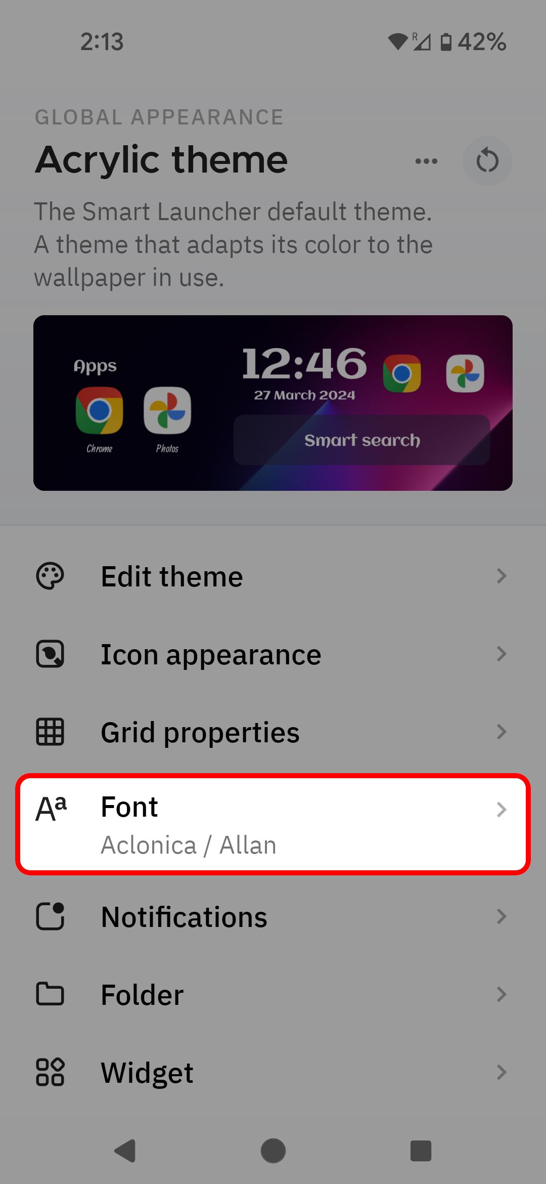 Smart Launcher 6 Global appearance menu highlighting the Font option