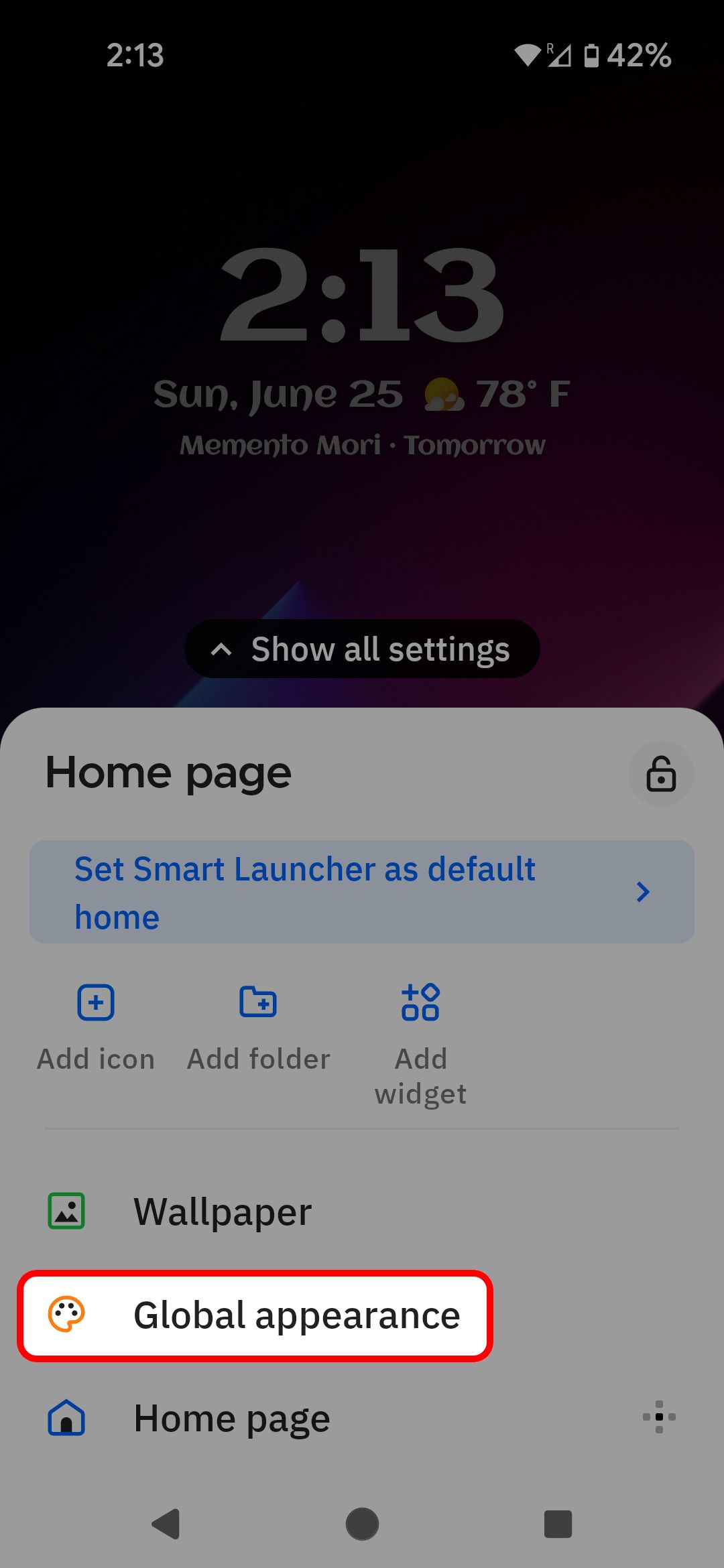 Smart Launcher 6 Settings menu highlighting the Global appearance option