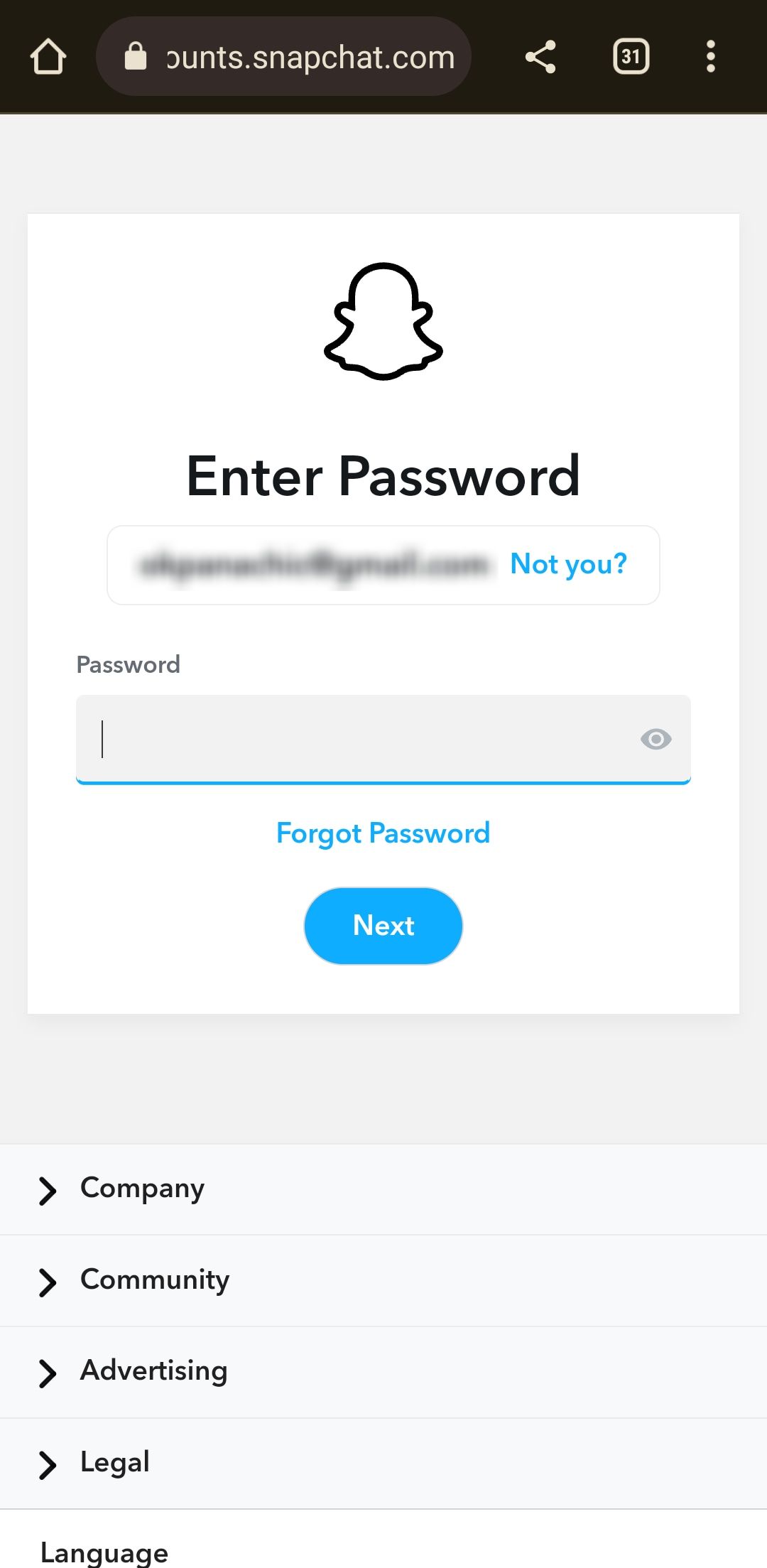 Snapchat account login webpage on Chrome app