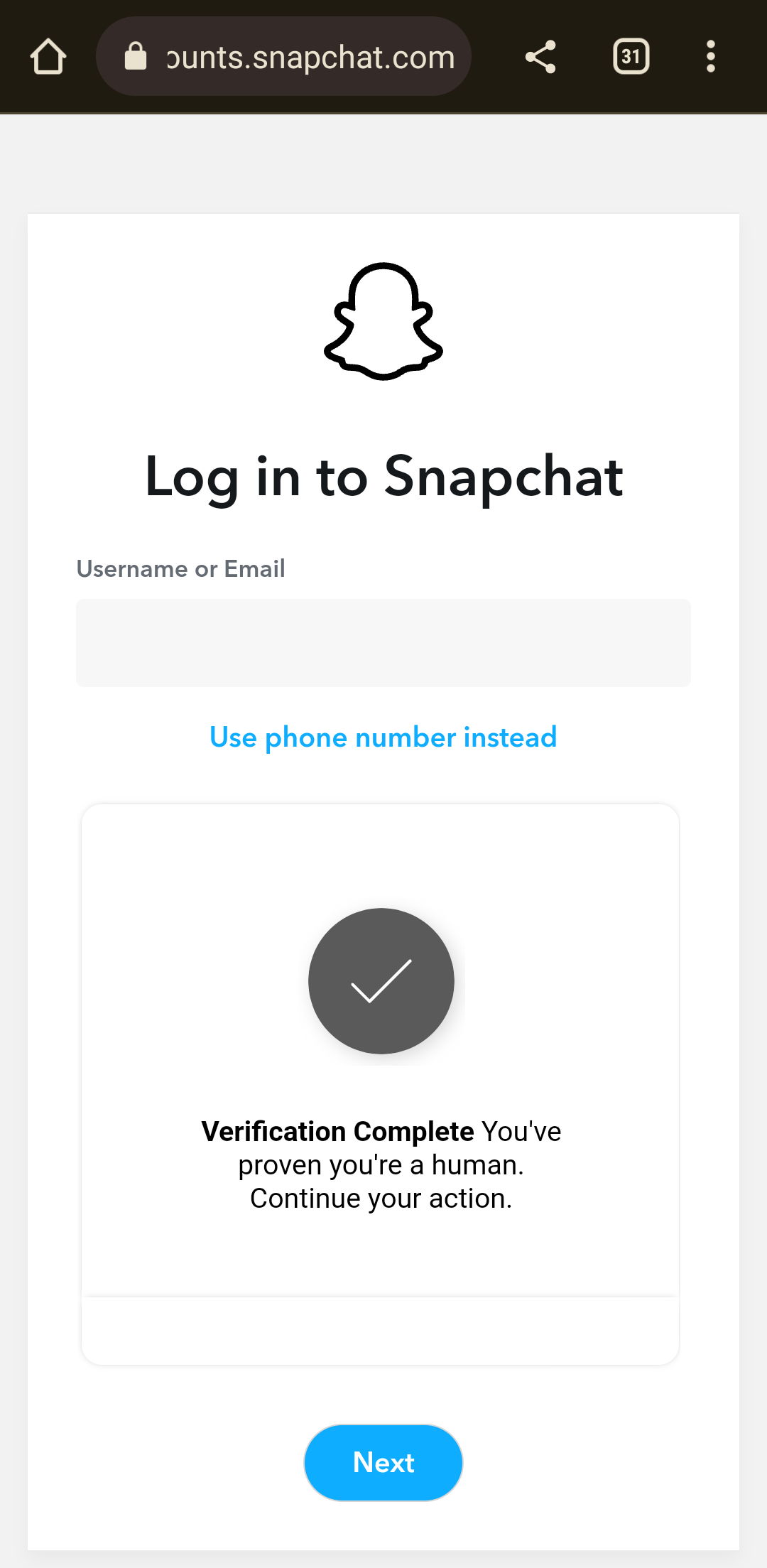 Snapchat account login webpage on Chrome mobile app