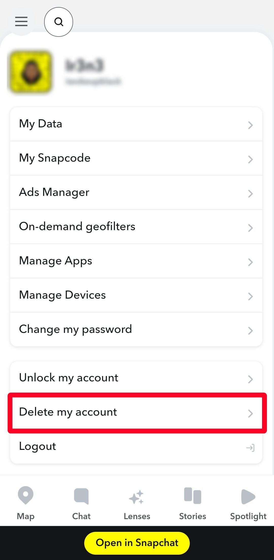 Snapchat Account menu web page on Chrome mobile browser app