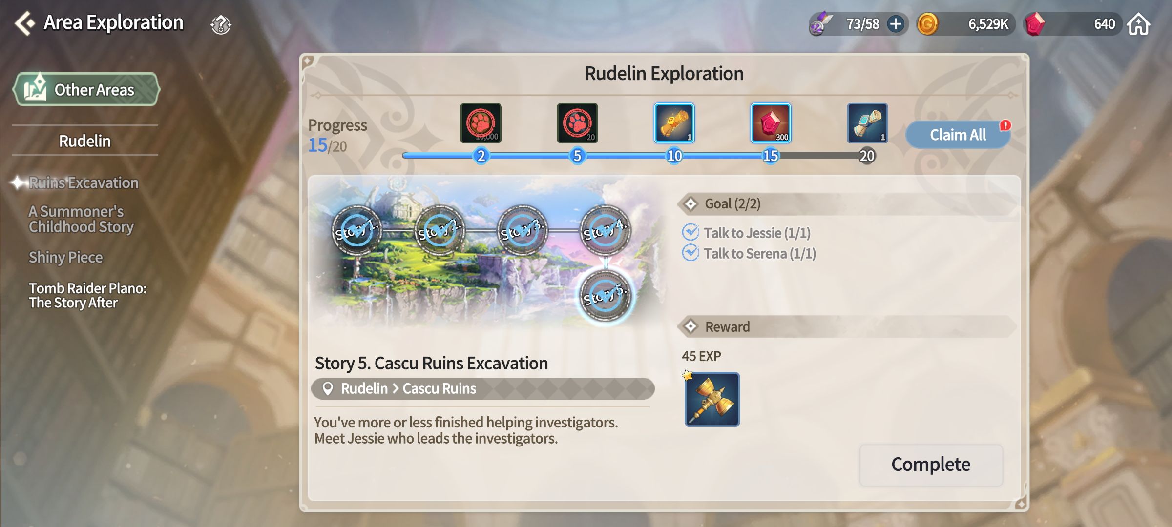 area exploration screen on other areas tab showing progress for rudelin exploration