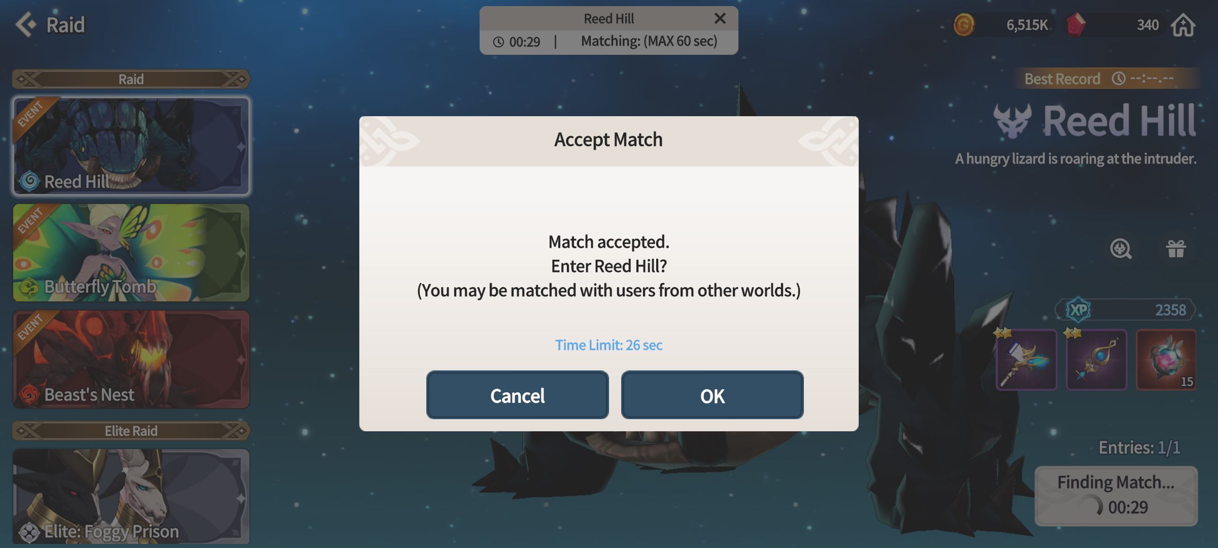 matchmaking for reed hill raid with cancel and ok button in a pop-up window