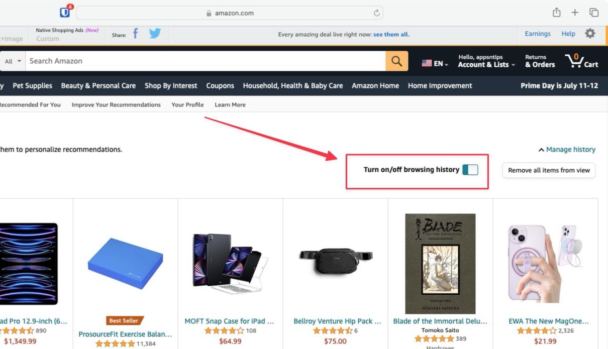Turn off the Amazon browsing history toggle switch