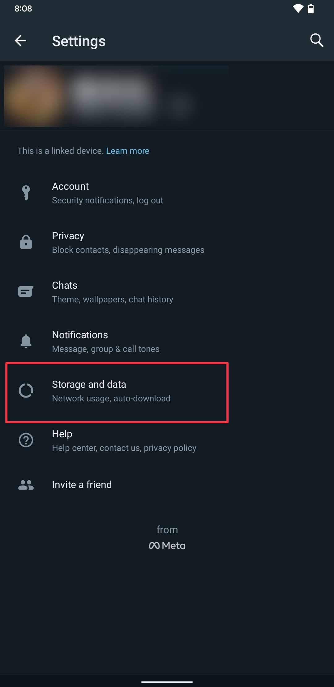 WhatsApp Settings screen screenshot showing Storage and data option
