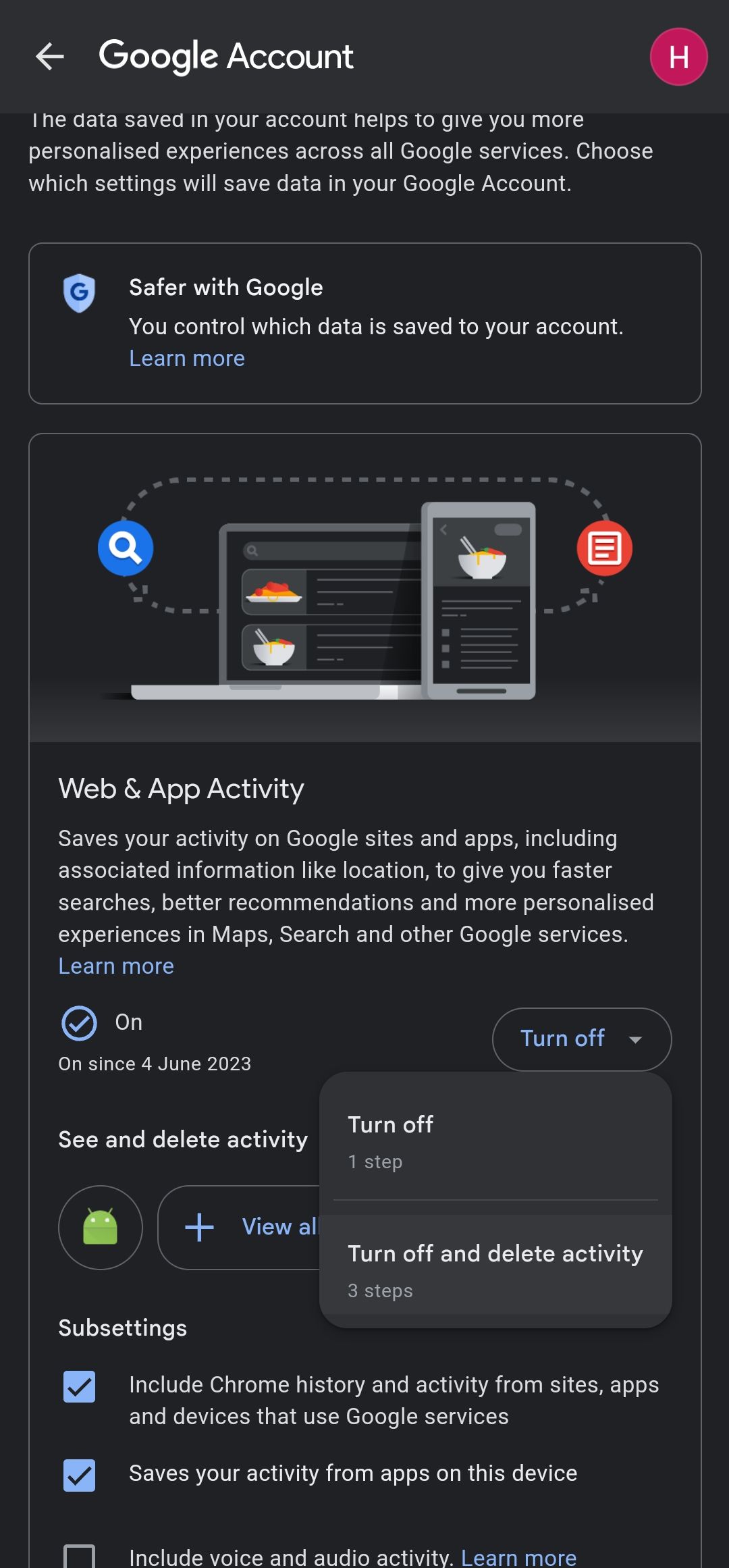 Turning off and deleting Web & App Activity
