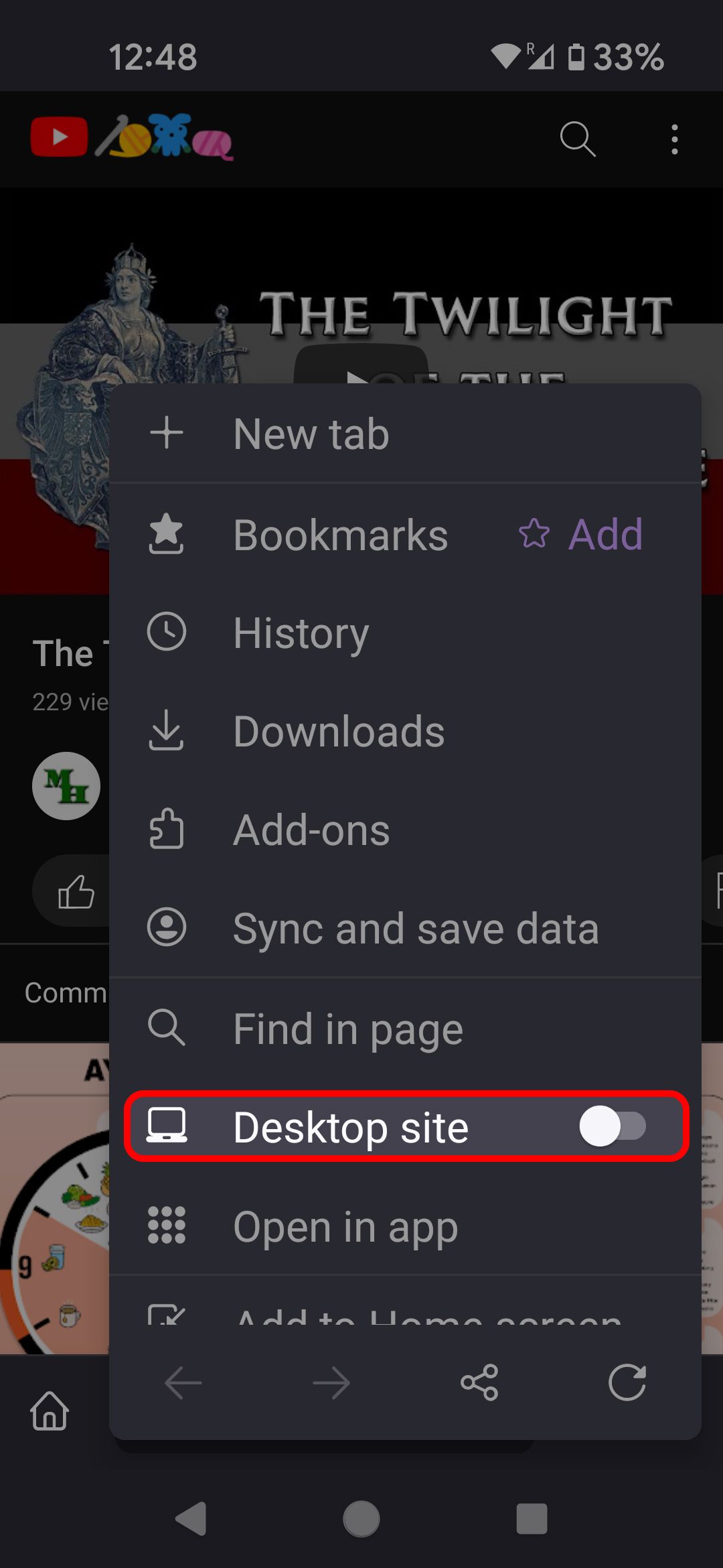 YouTube Firefox menu highlighting the Desktop site toggle