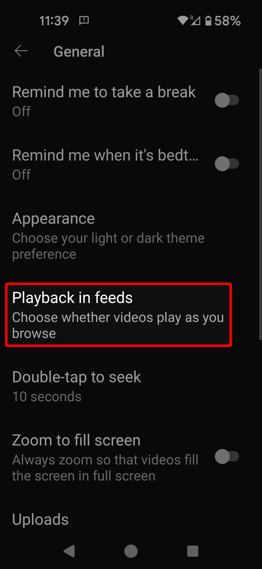 YouTube mobile General Settings menu highlighting the Playback in feeds option