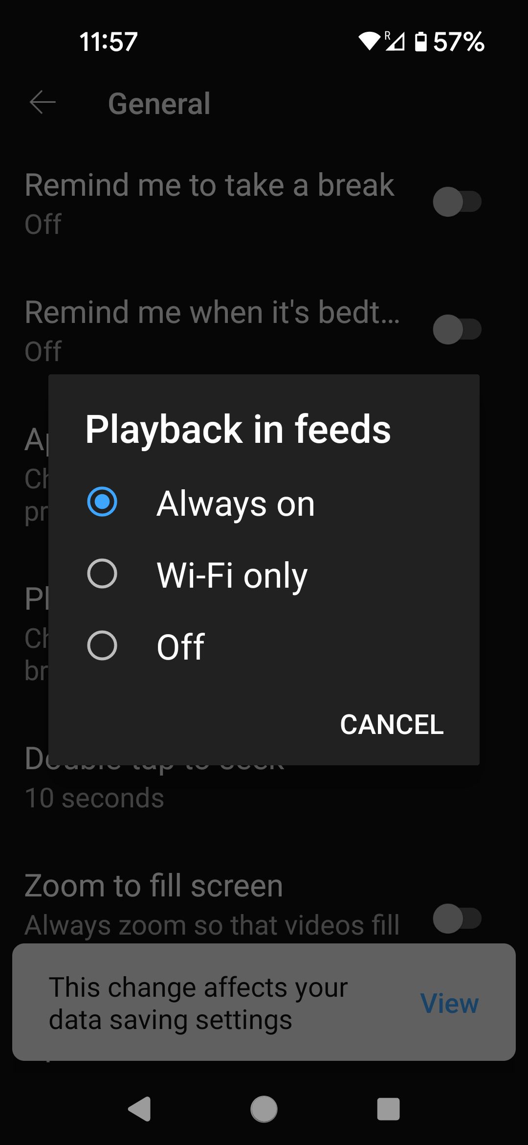YouTube mobile inline playback menu