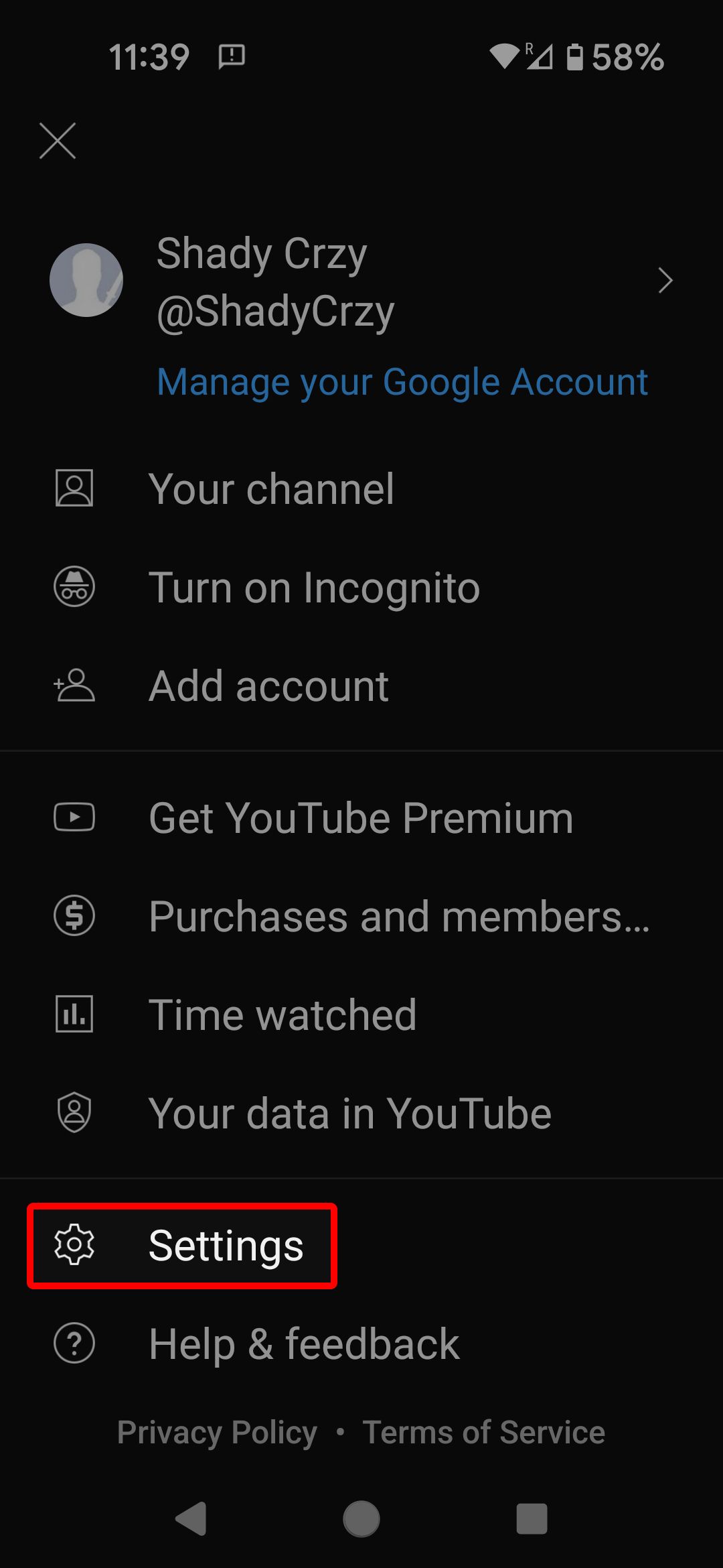 YouTube mobile profile menu highlighting the Settings option