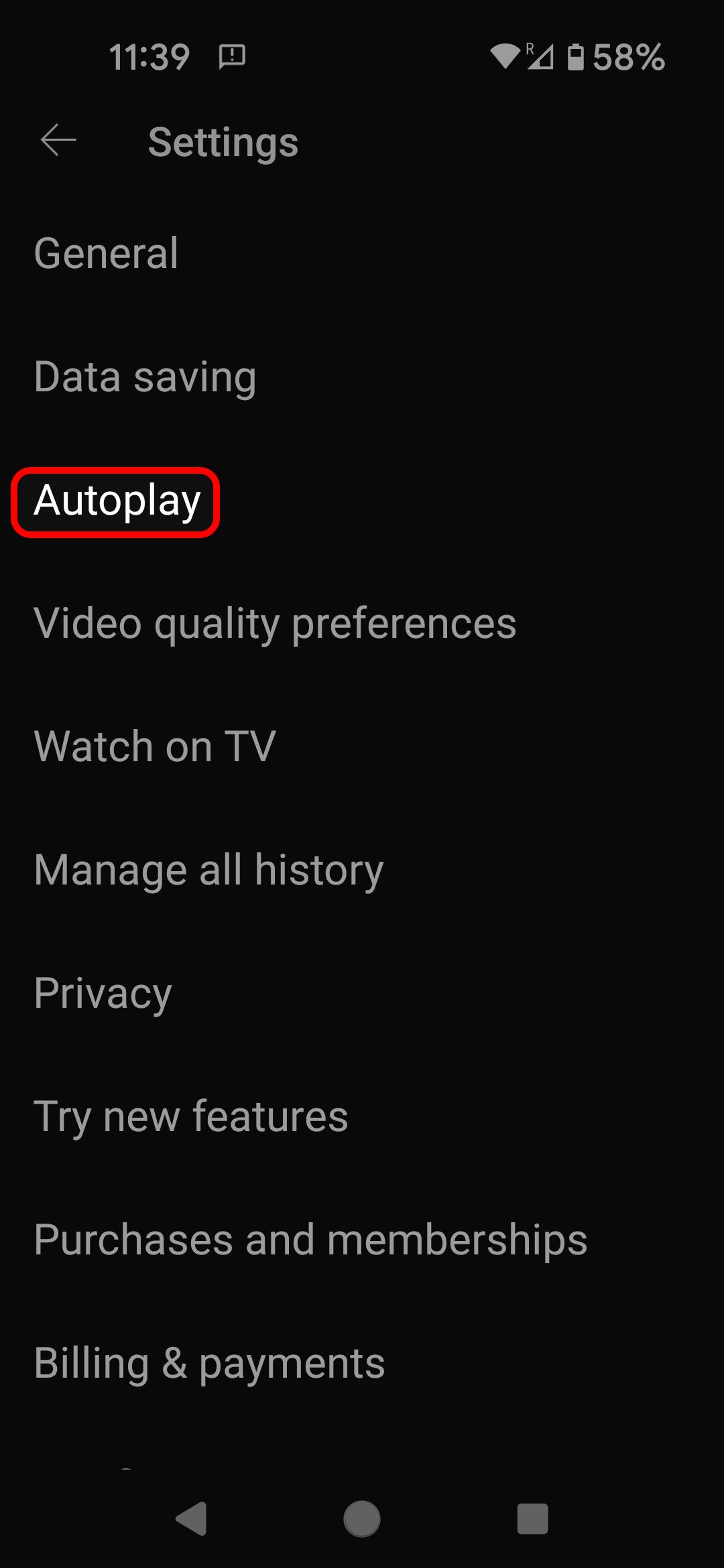 YouTube mobile Settings menu highlighting the Autoplay option