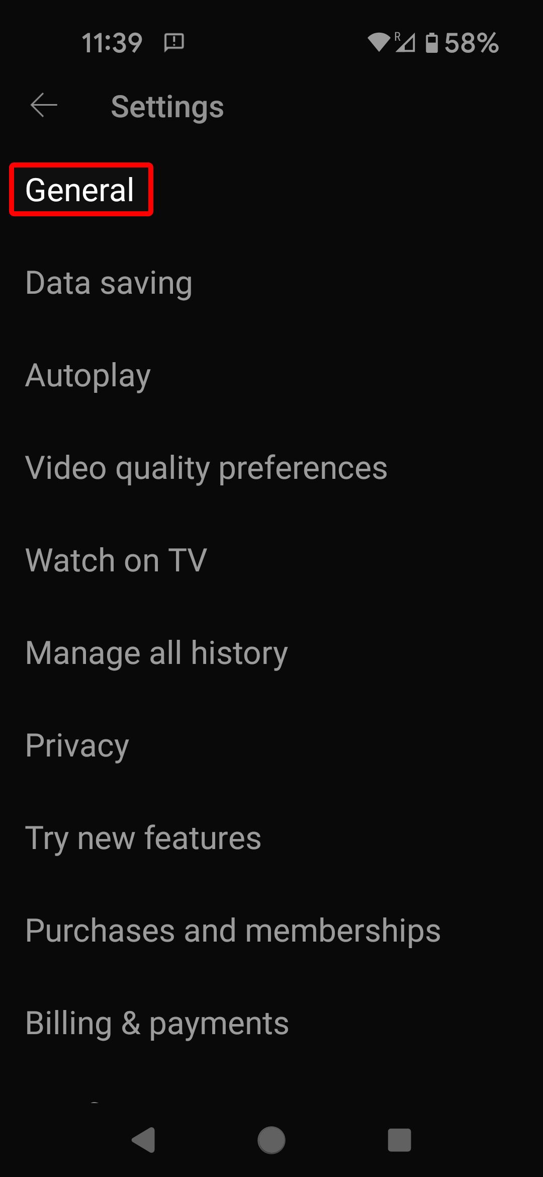 YouTube mobile Settings menu highlighting the General option