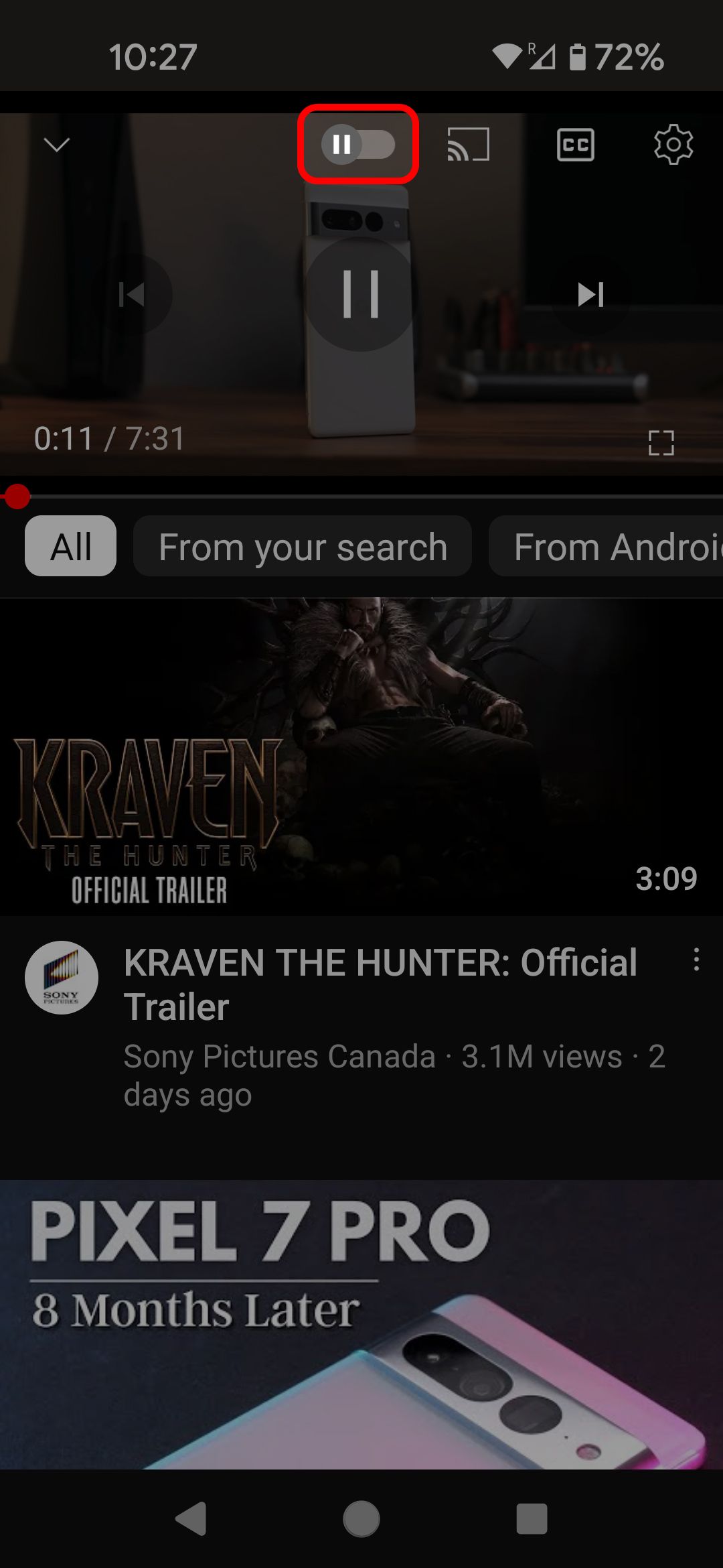 YouTube mobile video highlighting the autoplay toggle
